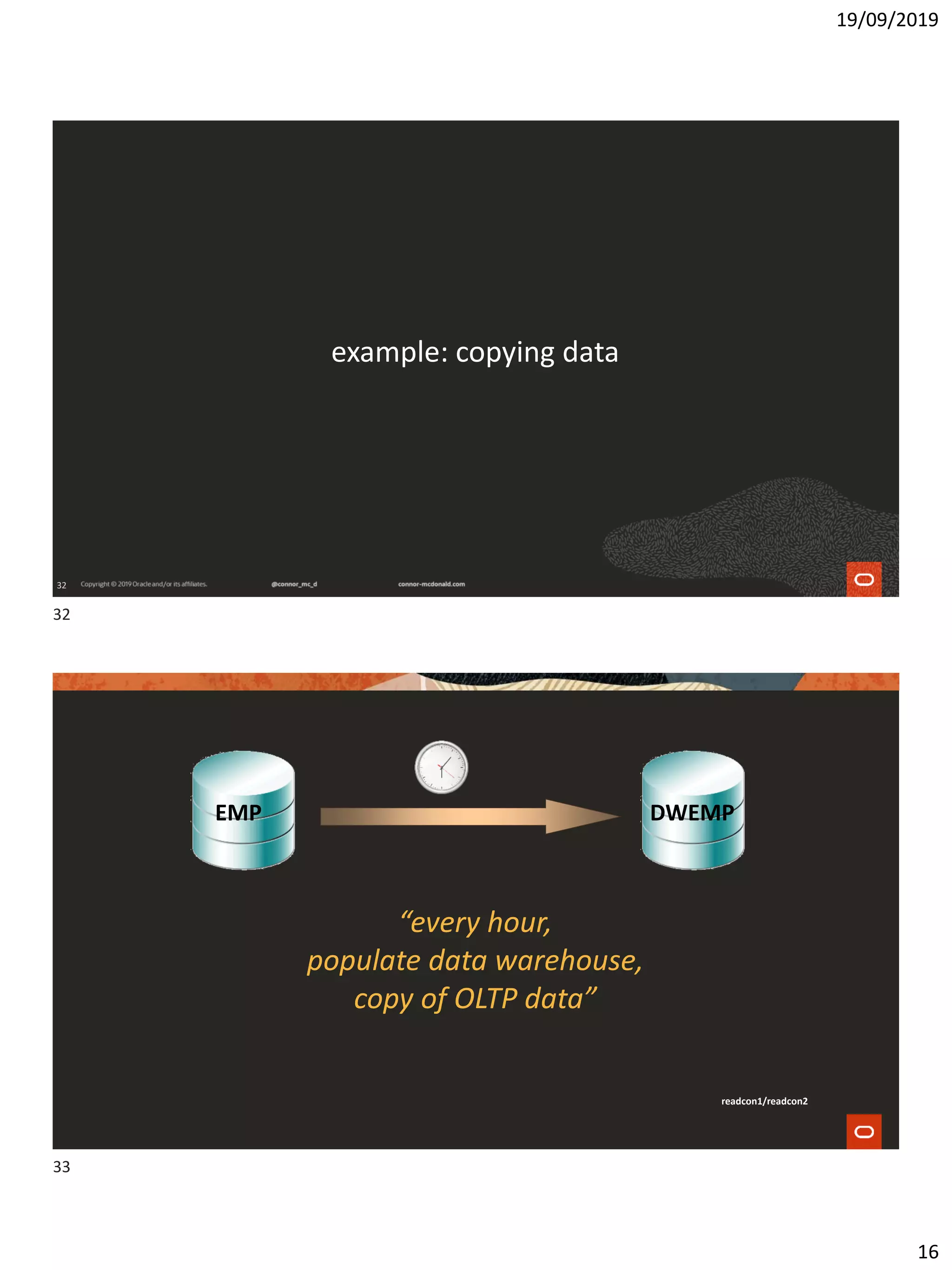 19/09/2019
16
32
example: copying data
“every hour,
populate data warehouse,
copy of OLTP data”
EMP DWEMP
readcon1/readcon2
32
33
 
