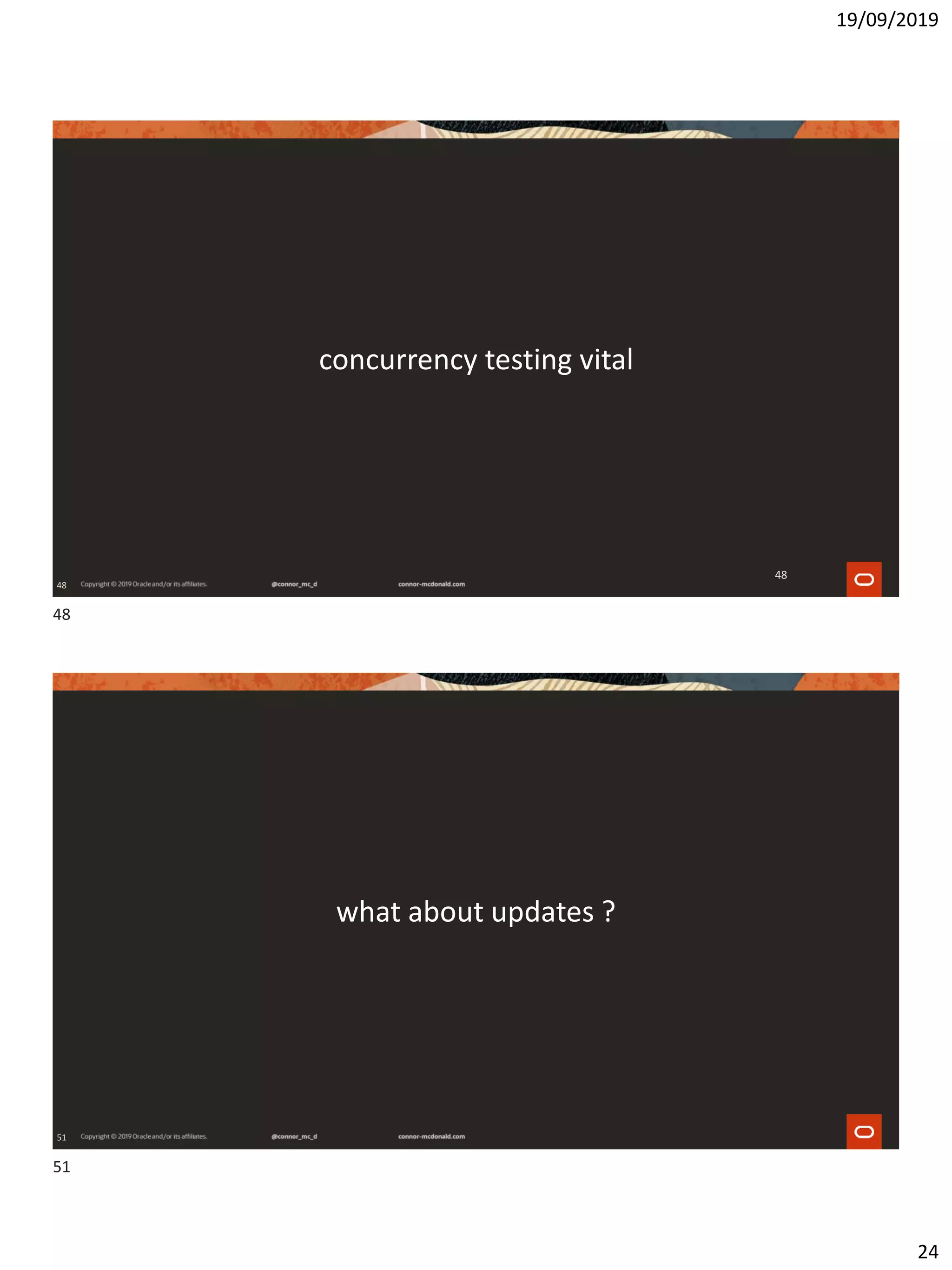 19/09/2019
24
48
concurrency testing vital
48
51
what about updates ?
48
51
 