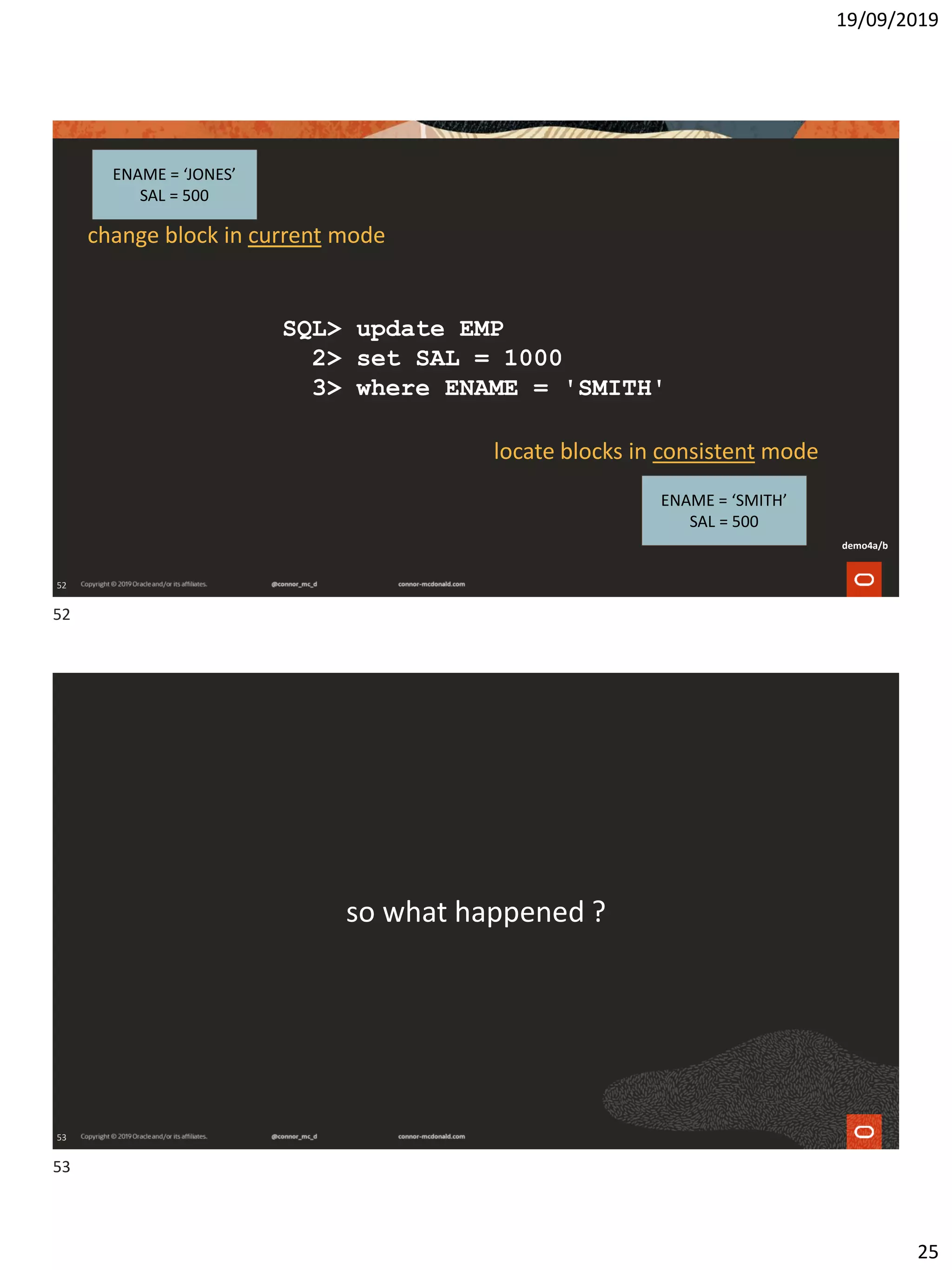 19/09/2019
25
52
SQL> update EMP
2> set SAL = 1000
3> where ENAME = 'SMITH'
change block in current mode
locate blocks in consistent mode
ENAME = ‘SMITH’
SAL = 500
ENAME = ‘JONES’
SAL = 500
demo4a/b
53
so what happened ?
52
53
 