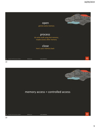 18/09/2019
9
19
open
process
close
gimme some memory
do some stuff using that memory,
maybe access other memory
here's your memory back
20
memory access = controlled access
19
20
 