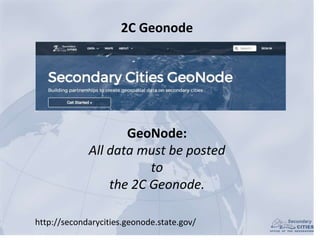 2C Geonode
http://secondarycities.geonode.state.gov/
GeoNode:
All data must be posted
to
the 2C Geonode.
 