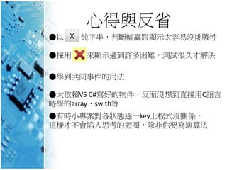 心得與反省
●以 純字串，判斷輸贏跟顯示太容易沒挑戰性
●採用 來顯示遇到許多困難，測試很久才解決
●太依賴VS C#寫好的物件，反而沒想到直接用C語言
時學的array、swith等
●有時小專案對各狀態逐一key上程式沒關係，
這樣才不會陷入思考的迴圈，除非你要寫演算法
●學到共同事件的用法
 
