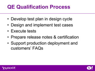 QE Qualification Process

•   Develop test plan in design cycle
•   Design and implement test cases
•   Execute tests
•   Prepare release notes & certification
•   Support production deployment and
    customers’ FAQs
 