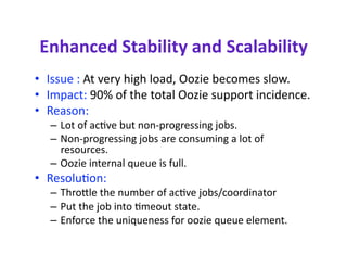 Enhanced Stability and Scalability 
•  Issue : At very high load, Oozie becomes slow. 
•  Impact: 90% of the total Oozie support incidence.  
•  Reason:  
   –  Lot of accve but non‐progressing jobs. 
   –  Non‐progressing jobs are consuming a lot of 
      resources. 
   –  Oozie internal queue is full. 
•  Resolucon: 
   –  Throhle the number of accve jobs/coordinator 
   –  Put the job into cmeout state. 
   –  Enforce the uniqueness for oozie queue element.  
 