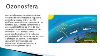 A ozonosfera ou camada de ozônio é
encontrada na estratosfera, região da
atmosfera situada entre 16 e 30
quilômetros de altitude, a camada é tão
rarefeita que, se fosse comprimida à
pressão atmosférica ao nível do mar,
sua espessura não ultrapassaria a três
milímetros. Esta camada tem a
propriedade de absorver a radiação
ultravioleta do Sol; por este motivo, sem
a proteção do ozônio, as radiações
causariam graves danos aos
organismos vivos que habitam a
superfície do planeta Terra.