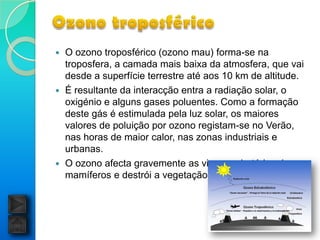  O ozono troposférico (ozono mau) forma-se na
  troposfera, a camada mais baixa da atmosfera, que vai
  desde a superfície terrestre até aos 10 km de altitude.
 É resultante da interacção entra a radiação solar, o
  oxigénio e alguns gases poluentes. Como a formação
  deste gás é estimulada pela luz solar, os maiores
  valores de poluição por ozono registam-se no Verão,
  nas horas de maior calor, nas zonas industriais e
  urbanas.
 O ozono afecta gravemente as vias respiratórias dos
  mamíferos e destrói a vegetação.
 