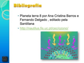 • Planeta terra 8 por Ana Cristina Barros e
  Fernando Delgado , editado pela
  Santillana
• http://nautilus.fis.uc.pt/cec/ozono/
 