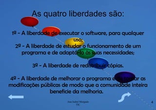 As quatro liberdades são: 1ª -  A liberdade de executar o software, para qualquer uso; 2ª - A liberdade de estudar o funcionamento de um programa e de adaptá-lo às suas necessidades; 3ª - A liberdade de redistribuir cópias. 4ª - A liberdade de melhorar o programa e de tornar as modificações públicas de modo que a comunidade inteira beneficie da melhoria.  