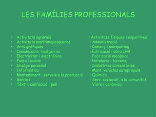 LES FAMÍLIES PROFESSIONALS Activitats agràries · Activitats físiques i esportives Activitats marítimopesqueres   · Administració Arts gràfiques  · Comerç i màrqueting Comunicació, imatge i so  · Edificació i obra civil Electricitat i electrònica  · Fabricació mecànica Fusta i moble  · Hoteleria i turisme Imatge personal  · Indústries alimentàries Informàtica  · Mant. vehicles autopropuls. Manteniment i serveis a la producció  · Química Sanitat  · Serv. sociocult. a la comunitat Tèxtil, confecció i pell  · Vidre i ceràmica 