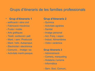 Grups d’itineraris de les famílies professionals Grup d’itineraris 1 Grup d’itineraris 2 - edificació i obra civil - Química - Fabricació mecànica - Activitats agràries - Fusta i moble - Sanitat - Arts gràfiques - Imatge personal - Tèxtil, confecció i pell - Act. Físiq. i espor. - Mant. i serv. Producció - Indust. Alimentàries - Mant. Vehi. Autopropul. - Vidre i ceràmica - Electricitat i electrònica - Comunic. , Imatge i so Grup itineraris 3 - Activitats marití-pesque. - Administració - Comerç, marqueting - Hoteleria i turisme - Informàtica - Serv. Soci. Comuni . 