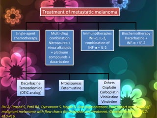 Treatment of metastatic melanoma

Single-agent
chemotherapy

Multi-drug
combination
Nitrosourea +
vinca alkaloids
+ platinum
compounds +
dacarbazine

Immunotherapies
INF-α, IL-2,
combination of
INF-α + IL-2

Biochemotherapy
Dacarbazine +
INF-α + IF-2

Others
Cisplatin
Carboplatin
Vinblastine
Vindesine
Pai A, Prasad S, Patil BA, Dyasanoor S, Hegde S. Oral pigmentation: Case report and review of
malignant melanoma with flow charts for diagnosis and treatment. General Dentistry. 2012;
410-416.
Dacarbazine
Temozolomide
(DTIC analog)

Nitrosoureas
Fotemustine

 