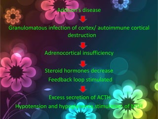Addison’s disease
Granulomatous infection of cortex/ autoimmune cortical
destruction
Adrenocortical insufficiency

Steroid hormones decrease
Feedback loop stimulated
Excess secretion of ACTH
Hypotension and hypoglycemia,stimulation of MSH

 