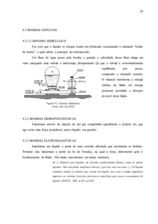 28 
9.3 BOMBAS ESPECIAIS 
9.3.1 CARNEIRO HIDRÀULICO 
Faz com que o líquido se choque contra um obstáculo, ocasionando o chamado “Golpe 
de Ariete”, o qual utiliza o princípio da sobrepressão. 
Um fluxo de água passa pela bomba e quando a velocidade desse fluxo atinge um 
valor adequado uma válvula o interrompe abruptamente (já que a válvula é convenientemente 
Figura 9.1: Carneiro Hidráulico 
Fonte: Site da UFCG 
equilibrada por pesos, 
compondo o chamado castelo). 
O impacto transforma a energia 
cinética do fluido em energia 
potencial, permitido a elevação 
do nível deste fluido. 
9.3.2 BOMBAS HIDROPNEUMÁTICAS 
Funcionam através da injeção de um gás comprimido (geralmente o próprio ar), que 
age como uma força propulsora para o líquido em questão. 
9.3.3 BOMBAS ELETROMAGNÉTICAS 
Impulsiona um líquido a partir de uma corrente alternada que movimenta as bobinas. 
Portanto elas funcionam a partir da lei de Faraday, na qual a força eletromotriz gera o 
bombeamento do fluido. São muito encontradas em usinas nucleares. 
Só é utilizável com líquidos de elevada condutividade elétrica, como os metais 
líquidos. Não tem partes mecânicas móveis, e por isso não usa selos. [...] O líquido 
condutor carreia a corrente que circula em ângulo reto com o campo magnético 
impresso ao sistema. Com isto, provoca-se uma força que causa o escoamento do 
líquido. (FOUST, 1982, p.522 e p.523). 
 