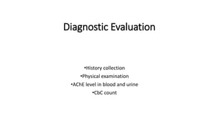 Diagnostic Evaluation
•History collection
•Physical examination
•AChE level in blood and urine
•CbC count
 