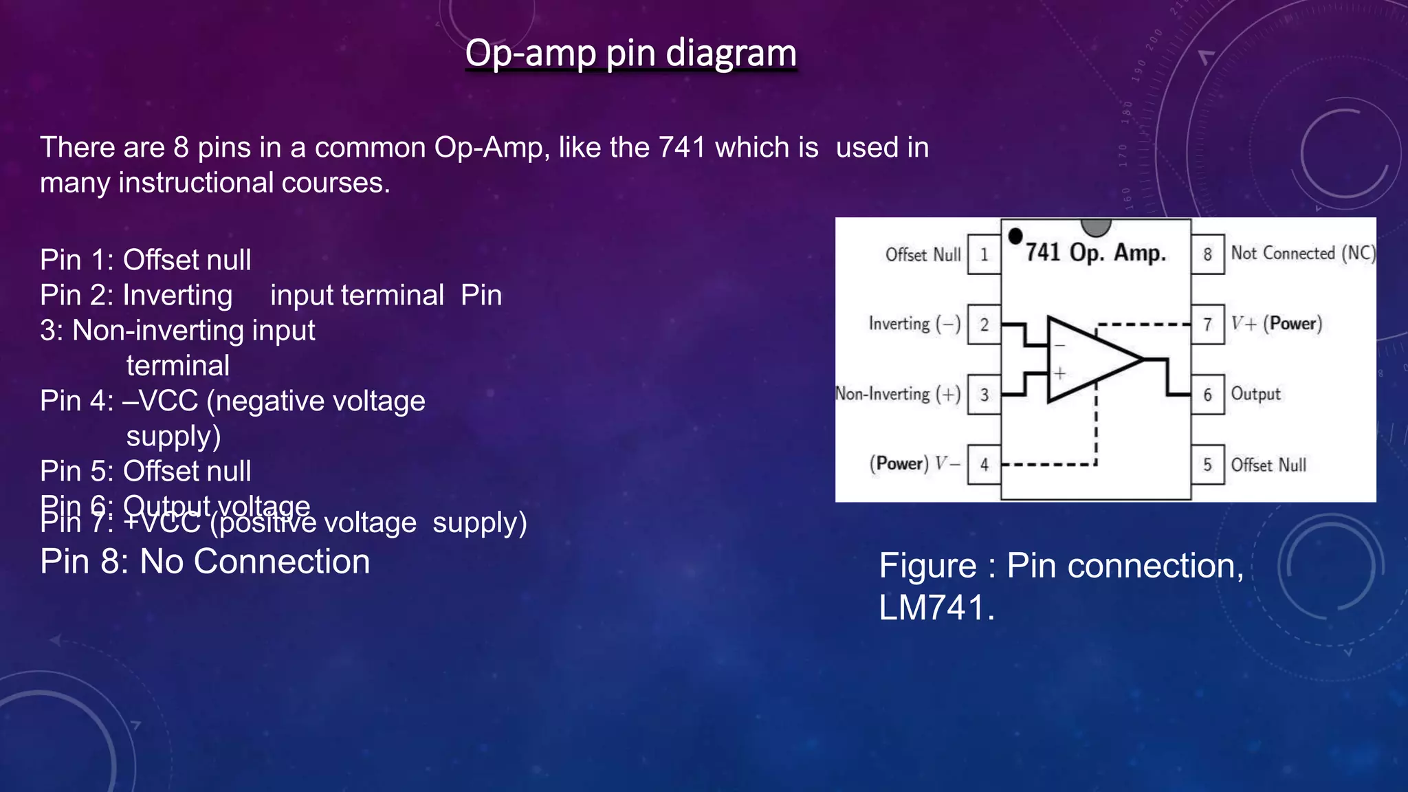 Op-amp pin diagram
There are 8 pins in a common Op-Amp, like the 741 which is used in
many instructional courses.
Pin 1: Offset null
Pin 2: Inverting input terminal Pin
3: Non-inverting input
terminal
Pin 4: –VCC (negative voltage
supply)
Pin 5: Offset null
Pin 6: Output voltage
Pin 7: +VCC (positive voltage supply)
Pin 8: No Connection Figure : Pin connection,
LM741.
 