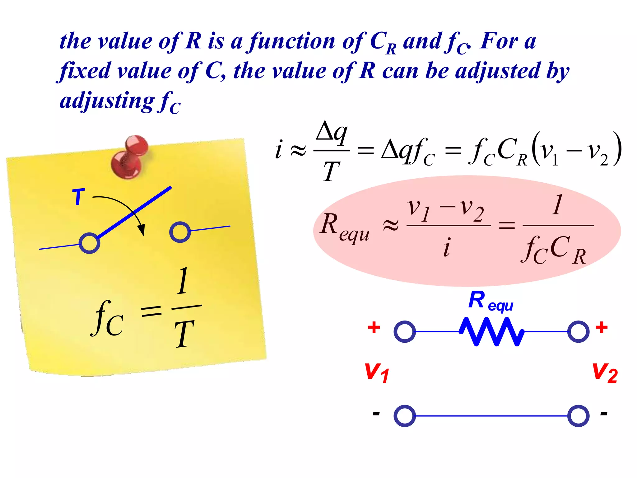 Copyright © S.Witthayapradit.2009
T
T
1
fC 
v1
+
-
Requ
v2
+
-
 21 vvCfqf
T
q
i RCC 


RC
21
equ
Cf
1
i
vv
R 


the value of R is a function of CR and fC. For a
fixed value of C, the value of R can be adjusted by
adjusting fC
 