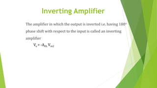 Inverting Amplifier
The amplifier in which the output is inverted i.e. having 180o
phase shift with respect to the input is called an inverting
amplifier
Vo = -AOL Vin2
 