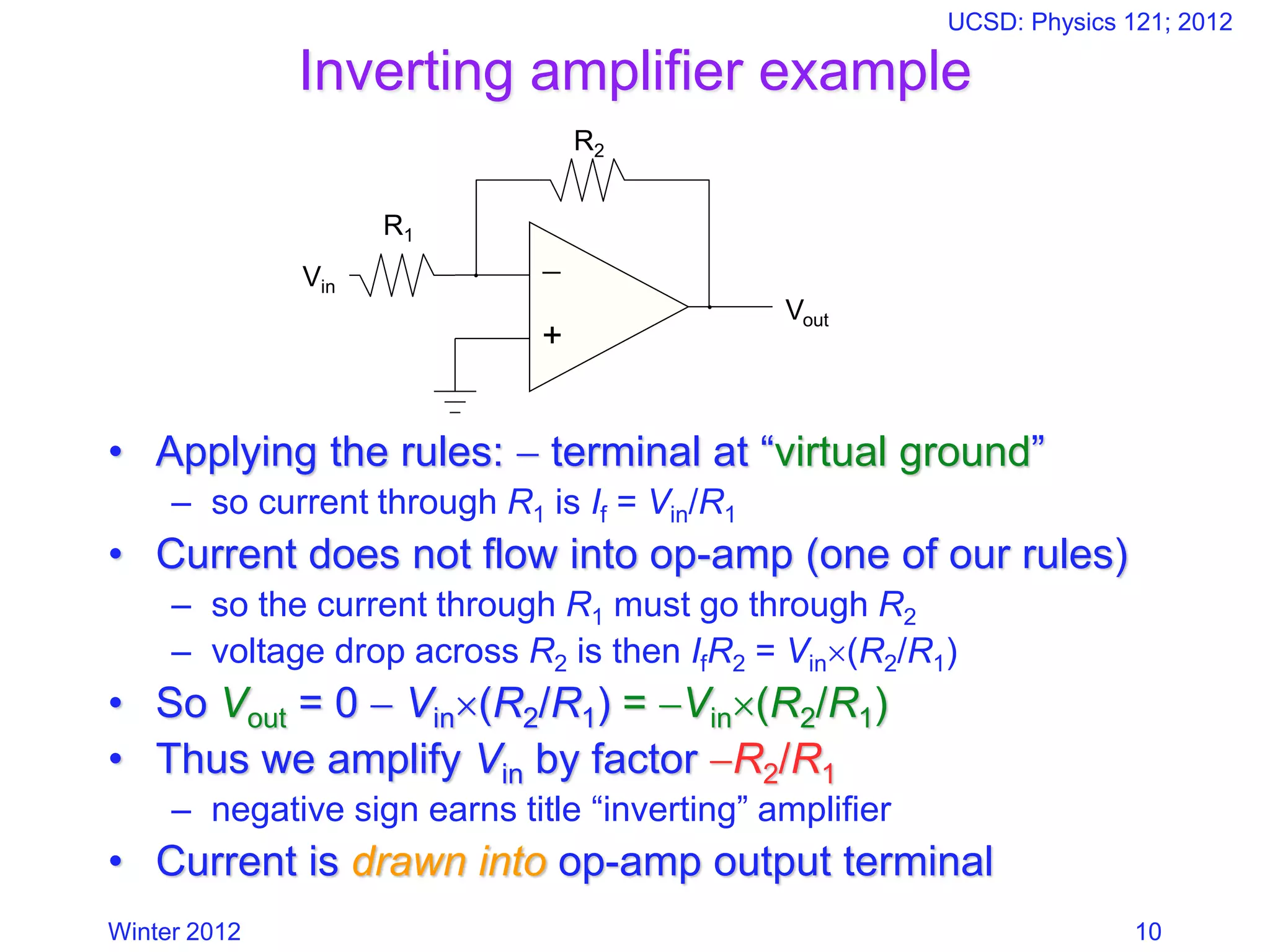 Winter 2012
UCSD: Physics 121; 2012
10
Inverting amplifier example
• Applying the rules: − terminal at “virtual ground”
– so current through R1 is If = Vin/R1
• Current does not flow into op-amp (one of our rules)
– so the current through R1 must go through R2
– voltage drop across R2 is then IfR2 = Vin(R2/R1)
• So Vout = 0 − Vin(R2/R1) = −Vin(R2/R1)
• Thus we amplify Vin by factor −R2/R1
– negative sign earns title “inverting” amplifier
• Current is drawn into op-amp output terminal
−
+
Vin
Vout
R1
R2
 