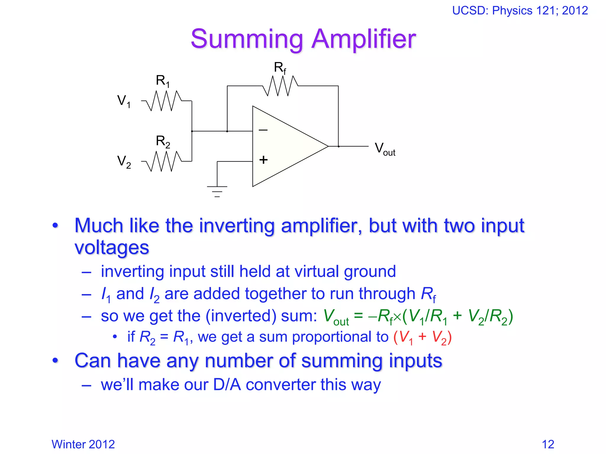 Winter 2012
UCSD: Physics 121; 2012
12
Summing Amplifier
• Much like the inverting amplifier, but with two input
voltages
– inverting input still held at virtual ground
– I1 and I2 are added together to run through Rf
– so we get the (inverted) sum: Vout = −Rf(V1/R1 + V2/R2)
• if R2 = R1, we get a sum proportional to (V1 + V2)
• Can have any number of summing inputs
– we’ll make our D/A converter this way
−
+
V1
Vout
R1
Rf
V2
R2
 