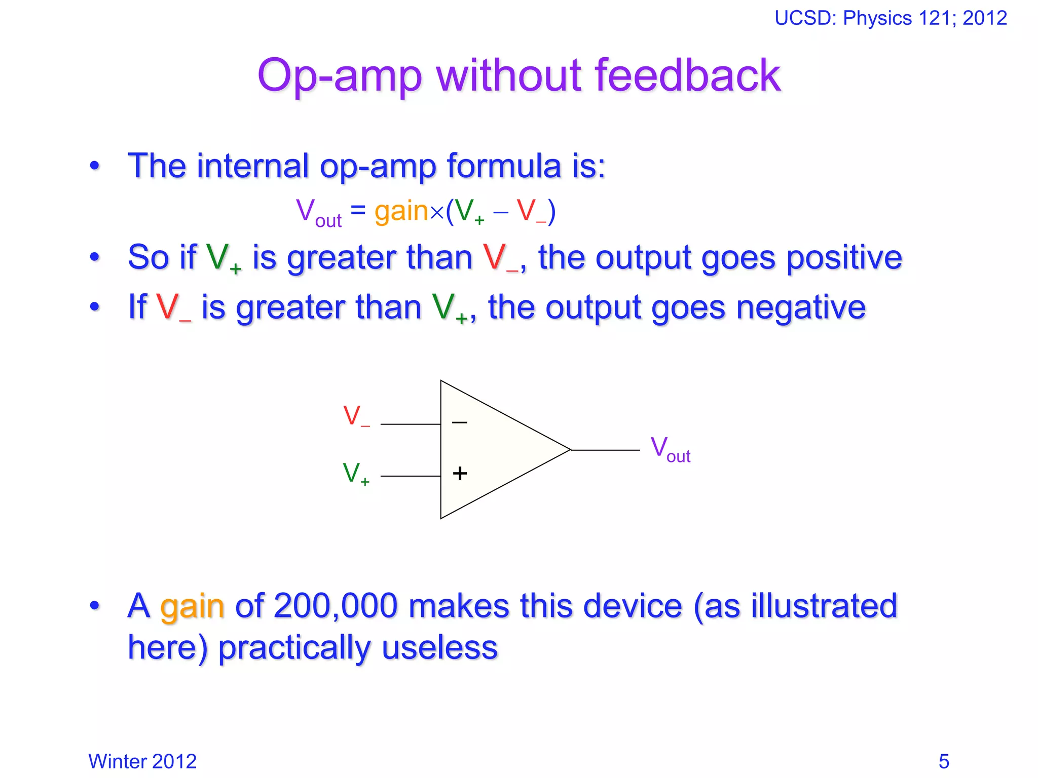 Winter 2012
UCSD: Physics 121; 2012
5
Op-amp without feedback
• The internal op-amp formula is:
Vout = gain(V+ − V−)
• So if V+ is greater than V−, the output goes positive
• If V− is greater than V+, the output goes negative
• A gain of 200,000 makes this device (as illustrated
here) practically useless
−
+
V−
V+
Vout
 