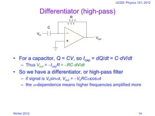 Winter 2012
UCSD: Physics 121; 2012
14
Differentiator (high-pass)
• For a capacitor, Q = CV, so Icap = dQ/dt = C·dV/dt
– Thus Vout = −IcapR = −RC·dV/dt
• So we have a differentiator, or high-pass filter
– if signal is V0sint, Vout = −V0RCcost
– the -dependence means higher frequencies amplified more
−
+
Vin
Vout
C
R
 