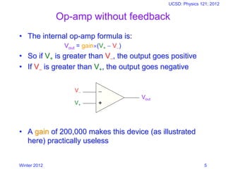 Winter 2012
UCSD: Physics 121; 2012
5
Op-amp without feedback
• The internal op-amp formula is:
Vout = gain(V+ − V−)
• So if V+ is greater than V−, the output goes positive
• If V− is greater than V+, the output goes negative
• A gain of 200,000 makes this device (as illustrated
here) practically useless
−
+
V−
V+
Vout
 