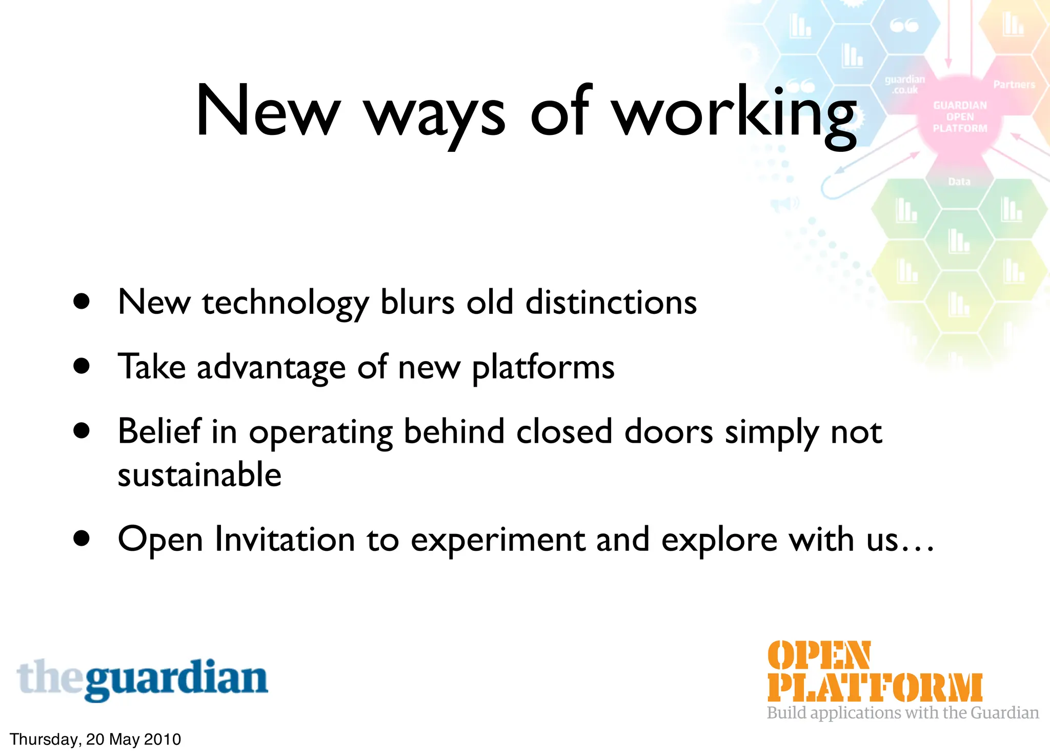 New ways of working

       •     New technology blurs old distinctions
       •     Take advantage of new platforms
       •     Belief in operating behind closed doors simply not
             sustainable
       •     Open Invitation to experiment and explore with us…




Thursday, 20 May 2010
 