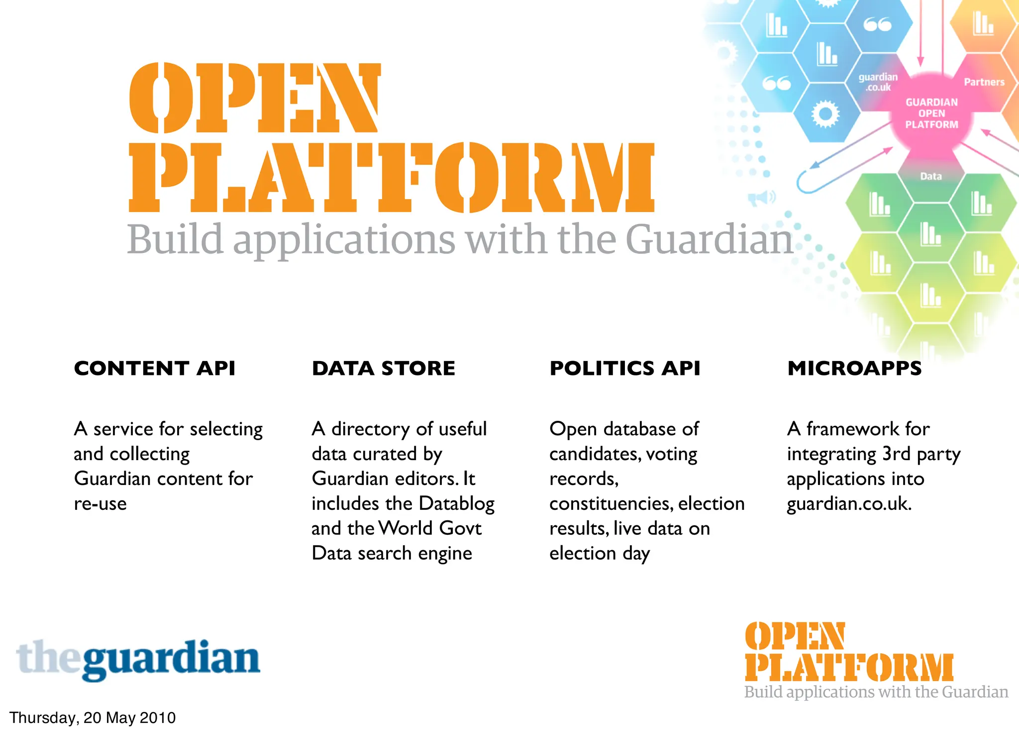 CONTENT API               DATA STORE              POLITICS API               MICROAPPS

        A service for selecting   A directory of useful   Open database of           A framework for
        and collecting            data curated by         candidates, voting         integrating 3rd party
        Guardian content for      Guardian editors. It    records,                   applications into
        re-use                    includes the Datablog   constituencies, election   guardian.co.uk.
                                  and the World Govt      results, live data on
                                  Data search engine      election day




Thursday, 20 May 2010
 
