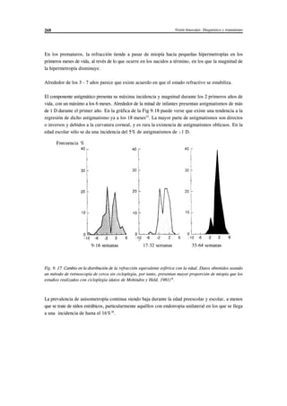 Visión binocular. Diagnóstico y tratamiento268
En los prematuros, la refracción tiende a pasar de miopía hacia pequeñas hipermetropías en los
primeros meses de vida, al revés de lo que ocurre en los nacidos a término, en los que la magnitud de
la hipermetropía disminuye.
Alrededor de los 3 - 7 años parece que existe acuerdo en que el estado refractivo se estabiliza.
El componente astigmático presenta su máxima incidencia y magnitud durante los 2 primeros años de
vida, con un máximo a los 6 meses. Alrededor de la mitad de infantes presentan astigmatismos de más
de 1 D durante el primer año. En la gráfica de la Fig 9.18 puede verse que existe una tendencia a la
regresión de dicho astigmatismo ya a los 18 meses . La mayor parte de astigmatismos son directos19
o inversos y debidos a la curvatura corneal, y es rara la existencia de astigmatismos oblicuos. En la
edad escolar sólo se da una incidencia del 5% de astigmatismos de $1 D.
Fig. 9. 17 Cambio en la distribución de la refracción equivalente esférica con la edad. Datos obtenidos usando
un método de retinoscopía de cerca sin cicloplegia, por tanto, presentan mayor proporción de miopía que los
estudios realizados con cicloplegia (datos de Mohindra y Held, 1981) .18
La prevalencia de anisometropía continua siendo baja durante la edad preescolar y escolar, a menos
que se trate de niños estrábicos, particularmente aquéllos con endotropia unilateral en los que se llega
a una incidencia de hasta el 16% .20
© los autores, 1998; © Edicions UPC, 1998.
 