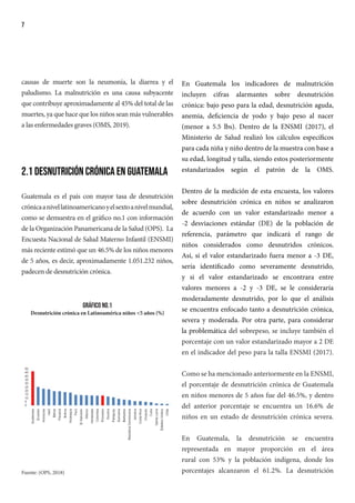 7
En Guatemala los indicadores de malnutrición
incluyen cifras alarmantes sobre desnutrición
crónica: bajo peso para la edad, desnutrición aguda,
anemia, deficiencia de yodo y bajo peso al nacer
(menor a 5.5 lbs). Dentro de la ENSMI (2017), el
Ministerio de Salud realizó los cálculos específicos
para cada niña y niño dentro de la muestra con base a
su edad, longitud y talla, siendo estos posteriormente
estandarizados según el patrón de la OMS.
Dentro de la medición de esta encuesta, los valores
sobre desnutrición crónica en niños se analizaron
de acuerdo con un valor estandarizado menor a
-2 desviaciones estándar (DE) de la población de
referencia, parámetro que indicará el rango de
niños considerados como desnutridos crónicos.
Así, si el valor estandarizado fuera menor a -3 DE,
sería identificado como severamente desnutrido,
y si el valor estandarizado se encontrara entre
valores menores a -2 y -3 DE, se le consideraría
moderadamente desnutrido, por lo que el análisis
se encuentra enfocado tanto a desnutrición crónica,
severa y moderada. Por otra parte, para considerar
la problemática del sobrepeso, se incluye también el
porcentaje con un valor estandarizado mayor a 2 DE
en el indicador del peso para la talla ENSMI (2017).
Como se ha mencionado anteriormente en la ENSMI,
el porcentaje de desnutrición crónica de Guatemala
en niños menores de 5 años fue del 46.5%, y dentro
del anterior porcentaje se encuentra un 16.6% de
niños en un estado de desnutrición crónica severa.
En Guatemala, la desnutrición se encuentra
representada en mayor proporción en el área
rural con 53% y la población indígena, donde los
porcentajes alcanzaron el 61.2%. La desnutrición
2.1 Desnutrición Crónica en Guatemala
Guatemala es el país con mayor tasa de desnutrición
crónicaanivellatinoamericanoyelsextoanivelmundial,
como se demuestra en el gráfico no.1 con información
de la Organización Panamericana de la Salud (OPS). La
Encuesta Nacional de Salud Materno Infantil (ENSMI)
más reciente estimó que un 46.5% de los niños menores
de 5 años, es decir, aproximadamente 1.051.232 niños,
padecen de desnutrición crónica.
Gráfico No.1
Desnutrición crónica en Latinoamérica niños <5 años (%)
Fuente: (OPS, 2018)
causas de muerte son la neumonía, la diarrea y el
paludismo. La malnutrición es una causa subyacente
que contribuye aproximadamente al 45% del total de las
muertes, ya que hace que los niños sean más vulnerables
a las enfermedades graves (OMS, 2019).
 