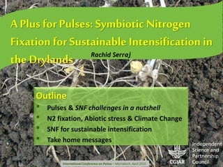 A Plus for Pulses: Symbiotic Nitrogen
Fixation for Sustainable Intensification in
the Drylands Rachid Serraj
Outline
• Pulses & SNF challenges in a nutshell
• N2 fixation, Abiotic stress & Climate Change
• SNF for sustainable intensification
• Take home messages
International Conference on Pulses – Marrakech, April 2016
 