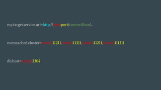 my.target.service.url=http://host:port/contextBase/...
memcached.cluster=mem1:11211,mem1:11311,mem2:11211,mem2:111311
db.host=mysql:3304
 