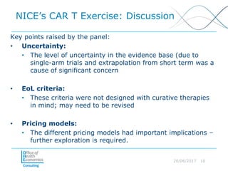 20/06/2017 10
NICE’s CAR T Exercise: Discussion
Key points raised by the panel:
• Uncertainty:
• The level of uncertainty in the evidence base (due to
single-arm trials and extrapolation from short term was a
cause of significant concern
• EoL criteria:
• These criteria were not designed with curative therapies
in mind; may need to be revised
• Pricing models:
• The different pricing models had important implications –
further exploration is required.
 