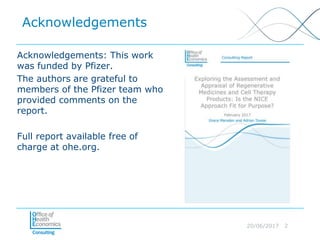 20/06/2017 2
Acknowledgements
Acknowledgements: This work
was funded by Pfizer.
The authors are grateful to
members of the Pfizer team who
provided comments on the
report.
Full report available free of
charge at ohe.org.
 