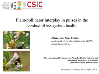 Plant-pollinator interplay in pulses in the
context of ecosystem health
María José Suso Llamas
Instituto de Agricultura Sostenible (CSIC)
mjsuso@ias.csic.es
The International Conference on Pulses for Health, Nutrition and
Sustainable Agriculture in Drylands
2016 International Year of Pulses
Marrakesh, Morocco, 18-20 April, 2016
 