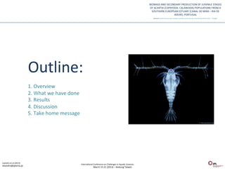 Outline:	
  
                                    	
  
                                    1.	
  Overview	
  
                                    2.	
  What	
  we	
  have	
  done	
  
                                    3.	
  Results	
  
                                    4.	
  Discussion	
  
                                    5.	
  Take	
  home	
  message	
  




Leandro	
  et	
  al	
  (2013)	
  
                                                                       InternaQonal	
  Conference	
  on	
  Challenges	
  in	
  AquaQc	
  Sciences	
  
sleandro@ipleiria.pt	
  
                                                                                        March	
  15-­‐21	
  (2013)	
  –	
  Keelung	
  Taiwan	
  
 