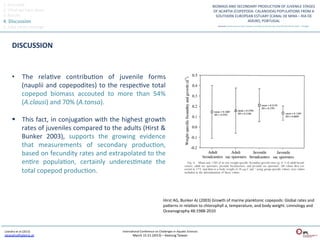 1.	
  Overview	
  
2.	
  What	
  we	
  have	
  done	
  
3.	
  Results	
  
4.	
  Discussion	
  
5.	
  Take	
  home	
  message	
  



          DISCUSSION	
  


          •  The	
   relaQve	
   contribuQon	
   of	
   juvenile	
   forms	
  
             (nauplii	
   and	
   copepodites)	
   to	
   the	
   respecQve	
   total	
  
             copepod	
   biomass	
   accouted	
   to	
   more	
   than	
   54%	
  
             (A.clausi)	
  and	
  70%	
  (A.tonsa).	
  	
  

          §  This	
  fact,	
  in	
  conjugaQon	
  with	
  the	
  highest	
  growth	
  
              rates	
  of	
  juveniles	
  compared	
  to	
  the	
  adults	
  (Hirst	
  &	
  
              Bunker	
   2003),	
   supports	
   the	
   growing	
   evidence	
  
              that	
   measurements	
   of	
   secondary	
   producQon,	
  
              based	
  on	
  fecundity	
  rates	
  and	
  extrapolated	
  to	
  the	
  
              enQre	
   populaQon,	
   certainly	
   underesQmate	
   the	
  
              total	
  copepod	
  producQon.	
  



                                                                                                             Hirst	
  AG,	
  Bunker	
  AJ	
  (2003)	
  Growth	
  of	
  marine	
  planktonic	
  copepods:	
  Global	
  rates	
  and	
  
                                                                                                             paeerns	
  in	
  relaQon	
  to	
  chlorophyll	
  a,	
  temperature,	
  and	
  body	
  weight.	
  Limnology	
  and	
  
                                                                                                             Oceanography	
  48:1988-­‐2010	
  



 Leandro	
  et	
  al	
  (2013)	
                                    InternaQonal	
  Conference	
  on	
  Challenges	
  in	
  AquaQc	
  Sciences	
  
 sleandro@ipleiria.pt	
  	
                                                   March	
  15-­‐21	
  (2013)	
  –	
  Keelung	
  Taiwan	
  
 