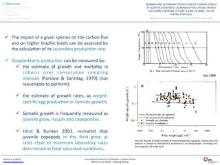 1.	
  Overview	
  
2.	
  What	
  we	
  have	
  done	
  
3.	
  Results	
  
4.	
  Discussion	
  
5.	
  Take	
  home	
  message	
  




   ü  The	
  impact	
  of	
  a	
  given	
  species	
  on	
  the	
  carbon	
  ﬂux	
  
       and	
  on	
  higher	
  trophic	
  levels	
  can	
  be	
  assessed	
  by	
  
       the	
  calculaQon	
  of	
  its	
  secondary	
  producQon	
  rate.	
  	
  

   ü  Zooplanktonic	
  producQon	
  can	
  be	
  measured	
  by:	
  
         ü  the	
   esQmate	
   of	
   growth	
   and	
   mortality	
   in	
  
             cohorts	
   over	
   consecuQve	
   sampling	
  
                                                                                                                                                                                                                                                        Uye	
  1988	
  
             intervals	
   (Parslow	
   &	
   Sonntag,	
   1979)	
   (not	
  
             reasonable	
  to	
  perform);	
  

                        ü  the	
   esQmate	
   of	
   growth	
   rates,	
   as	
   weight-­‐
                            speciﬁc	
  egg	
  producQon	
  or	
  somaQc	
  growth;	
  

                        ü  SomaQc	
  growth	
  is	
  frequently	
  measured	
  as	
  
                            juvenile	
  grow,	
  nauplii	
  and	
  copepodites.	
  	
  

                        ü  Hirst	
   &	
   Bunker	
   2003,	
   revealed	
   that	
  
                            juvenile	
   copepods	
   in	
   the	
   ﬁeld	
   grow	
   at	
  
                                                                                                                                                      Hirst	
  AG,	
  Bunker	
  AJ	
  (2003)	
  Growth	
  of	
  marine	
  planktonic	
  copepods:	
  Global	
  rates	
  and	
  
                            rates	
   close	
   to	
   maximum	
   laboratory	
   rates	
                                                             paeerns	
  in	
  relaQon	
  to	
  chlorophyll	
  a,	
  temperature,	
  and	
  body	
  weight.	
  Limnology	
  and	
  
                                                                                                                                                      Oceanography	
  48:1988-­‐2010	
  
                            determined	
  at	
  food	
  saturated	
  condiQons.	
  
 Leandro	
  et	
  al	
  (2013)	
                                           InternaQonal	
  Conference	
  on	
  Challenges	
  in	
  AquaQc	
  Sciences	
  
 sleandro@ipleiria.pt	
  	
                                                          March	
  15-­‐21	
  (2013)	
  –	
  Keelung	
  Taiwan	
  
 