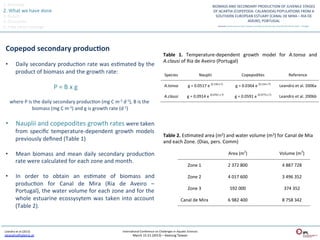 1.	
  Overview	
  
2.	
  What	
  we	
  have	
  done	
  
3.	
  Results	
  
4.	
  Discussion	
  
5.	
  Take	
  home	
  message	
  




  Copepod	
  secondary	
  produc@on	
  
                                                                                                                                                        Table	
   1.	
   Temperature-­‐dependent	
   growth	
   model	
   for	
   A.tonsa	
   and	
  
                                                                                                                                                        A.clausi	
  of	
  Ria	
  de	
  Aveiro	
  (Portugal)	
  
  •           Daily	
  secondary	
  producQon	
  rate	
  was	
  esQmated	
  by	
  the	
  
              product	
  of	
  biomass	
  and	
  the	
  growth	
  rate:	
                                                                                 Species	
                              Nauplii	
                                       Copepodites	
                                     Reference	
  

                                                      P	
  =	
  B	
  x	
  g	
                                                                            A.tonsa	
                g	
  =	
  0.0517	
  e	
  (0.130	
  x	
  T)	
           g	
  =	
  0.0364	
  e	
  (0.114	
  x	
  T)	
      Leandro	
  et	
  al.	
  2006a	
  

                                                                                                                                                         A.clausi	
              g	
  =	
  0.0914	
  e	
  (0.0701	
  x	
  T)	
           g	
  =	
  0.0591	
  e	
  (0.0775	
  x	
  T)	
     Leandro	
  et	
  al.	
  2006b	
  
       where	
  P	
  is	
  the	
  daily	
  secondary	
  producQon	
  (mg	
  C	
  m-­‐3	
  d-­‐1),	
  B	
  is	
  the	
  
                                     biomass	
  (mg	
  C	
  m-­‐3)	
  and	
  g	
  is	
  growth	
  rate	
  (d-­‐1)
                                                                                                                	
  

  •  Nauplii	
  and	
  copepodites	
  growth	
  rates	
  were	
  taken	
  
              from	
   speciﬁc	
   temperature-­‐dependent	
   growth	
   models
                                                                               	
  
                                                                                                                                                        Table	
  2.	
  EsQmated	
  area	
  (m2)	
  and	
  water	
  volume	
  (m3)	
  for	
  Canal	
  de	
  Mia	
  
              previously	
  deﬁned	
  (Table	
  1)	
                                                                                                    and	
  each	
  Zone.	
  (Dias,	
  pers.	
  Comm)	
  

  •           Mean	
   biomass	
   and	
   mean	
   daily	
   secondary	
   producQon    	
                                                                                               	
                                       Area	
  (m2)	
                                          Volume	
  (m3)	
  
              rate	
  were	
  calculated	
  for	
  each	
  zone	
  and	
  month.	
  	
  
                                                                                                                                                                                  Zone	
  1	
                                      2	
  372	
  800	
                                         4	
  887	
  728	
  

  •           In	
   order	
   to	
   obtain	
   an	
   esQmate	
   of	
   biomass	
   and     	
                                                                                 Zone	
  2	
                                      4	
  017	
  600	
                                         3	
  496	
  352	
  
              producQon	
   for	
   Canal	
   de	
   Mira	
   (Ria	
   de	
   Aveiro	
   –    	
  
                                                                                                                                                                                  Zone	
  3	
                                       592	
  000	
                                               374	
  352	
  
              Portugal),	
  the	
  water	
  volume	
  for	
  each	
  zone	
  and	
  for	
  the	
  
              whole	
   estuarine	
   ecossysytem	
   was	
   taken	
   into	
   account      	
                                                                          Canal	
  de	
  Mira	
                                    6	
  982	
  400	
                                         8	
  758	
  342	
  
              (Table	
  2).	
  


 Leandro	
  et	
  al	
  (2013)	
                                                                               InternaQonal	
  Conference	
  on	
  Challenges	
  in	
  AquaQc	
  Sciences	
  
 sleandro@ipleiria.pt	
  	
                                                                                              March	
  15-­‐21	
  (2013)	
  –	
  Keelung	
  Taiwan	
  
 
