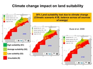 Aptitude forte (S1) 1.1 %
Aptitude moyenne (S2) 9.4%
Aptitude faible (S3) 17.7%
Inapte (N) 71.8%
Aptitude forte (S1) 2.9 %
Aptitude moyenne (S2) 11.2%
Aptitude faible (S3) 18.7%
Inapte (N) 67.2%
Aptitude forte (S1) 4.3 %
Aptitude moyenne (S2) 12.1%
Aptitude faible (S3) 24.8%
Inapte (N) 58.8%
2000
2050
2100
30% Land suitability lost due to climate change
(Climatic scenario A1B, balance across all sources
of energy)
Climate change impact on land suitability
Duce et al. 2008
High suitability (S1)
Average suitability (S2)
Low suitabiliy (S3)
Unsuitable (N)
 