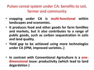 Pulses-cereal system under CA: benefits to soil,
farmer and community
• cropping under CA is multi-functional within
landscapes and economies.
• It produces food and other goods for farm famillies
and markets, but it also contributes to a range of
public goods, such as carbon sequestration in soils
and land quality.
• Yield gap to be achieved using more technologies
under CA (IPM, improved varieties..)
• In contrast with Conventional Agriculture is a one-
dimensional issue: productivity (which lead to land
degardation )
 