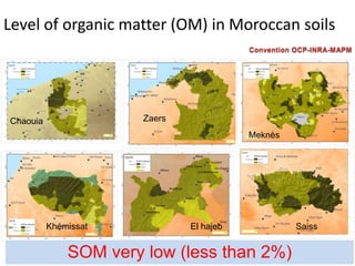 Level of organic matter (OM) in Moroccan soils
Chaouia Zaers
Khémissat El hajeb
Meknès
Saiss
Convention OCP-INRA-MAPM
SOM very low (less than 2%)
 
