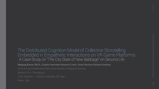 The Distributed Cognition Model of Collective Storytelling
Embedded in Empathetic Interactions on VR Game Platforms
: A Case Study on “The City State of New Babbage” on Second Life
Heejung Kwon, Ph.D., Creative Innovation Research Center, Yonsei Business Research Institute
2016 Annual Conference of the Korean Society of Cognitive Science
Session OP 4 : Phycology II
Time : 9:00 am ~ 10:00 am, Saturday 28th May
Room : 304
PsychologyII2016AnnualConferenceoftheKoreanSocietyofCognitiveScience
1
 