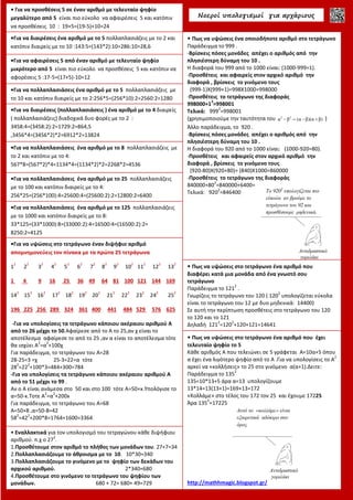 •Για να πολλαπλασιάσεις ένα αριθμό με το 125 πολλαπλασιάζεις
με το 1000 και κατόπιν διαιρείς με το 8:
33*125=(33*1000):8=(33000:2):4=16500:4=(16500:2):2=
8250:2=4125
• Εναλλακτικά για τον υπολογισμό του τετραγώνου κάθε διψήφιου
αριθμού. π.χ ο 27
2
.
1.Προσθέτουμε στον αριθμό το πλήθος των μονάδων του. 27+7=34
2.Πολλαπλασιάζουμε το άθροισμα με το 10. 10*30=340
3.Πολλαπλασιάζουμε το γινόμενο με το ψηφίο των δεκάδων του
αρχικού αριθμού. 2*340=680
4.Προσθέτουμε στο γινόμενο το τετράγωνο του ψηφίου των
μονάδων. 680 + 72= 680+ 49=729
•Για να υψώσεις στο τετράγωνο έναν διψήφιο αριθμό
απομνημονεύεις τον πίνακα με τα πρώτα 25 τετράγωνα
1
2
2
2
3
2
4
2
5
2
6
2
7
2
8
2
9
2
10
2
11
2
12
2
13
2
1 4 9 16 25 36 49 64 81 100 121 144 169
14
2
15
2
16
2
17
2
18
2
19
2
20
2
21
2
22
2
23
2
24
2
25
2
196 225 256 289 324 361 400 441 484 529 576 625
-Για να υπολογίσεις τα τετράγωνο κάποιου ακέραιου αριθμού Α
από το 26 μέχρι το 50.Αφαίρεσε από το Α το 25,αν χ είναι το
αποτέλεσμα αφαίρεσε το από το 25 ,αν α είναι το αποτέλεσμα τότε
θα ισχύει Α
2
=α
2
+100χ
Για παράδειγμα, το τετράγωνο του Α=28
28-25=3 =χ 25-3=22=α τότε
28
2
=22
2
+100*3=484+300=784
-Για να υπολογίσεις τα τετράγωνο κάποιου ακέραιου αριθμού Α
από το 51 μέχρι το 99 .
Αν ο Α είναι ανάμεσα στο 50 και στο 100 τότε Α=50+x.Υπολόγισε το
α=50-κ.Τοτε Α
2
=α
2
+200x
Για παράδειγμα, το τετράγωνο του Α=68
Α=50+8 ,α=50-8=42
58
2
=42
2
+200*8=1764+1600=3364
•Για να αφαιρέσεις 5 από έναν αριθμό με τελευταίο ψηφίο
μικρότερο από 5 είναι πιο εύκολο να προσθέσεις 5 και κατόπιν να
αφορέσεις 5 :17-5=(17+5)-10=12
• Για να προσθέσεις 5 σε έναν αριθμό με τελευταίο ψηφίο
μεγαλύτερο από 5 είναι πιο εύκολο να αφαιρέσεις 5 και κατόπιν
να προσθέσεις 10 : 19+5=(19-5)+10=24
•Για να διαιρέσεις ένα αριθμό με το 5 πολλαπλασιάζεις με το 2 και
κατόπιν διαιρείς με το 10 :143:5=(143*2):10=286:10=28,6
•Για να πολλαπλασιάσεις ένα αριθμό με το 5 πολλαπλασιάζεις με
το 10 και κατόπιν διαιρείς με το 2:256*5=(256*10):2=2560:2=1280
•Για να διαιρέσεις (πολλαπλασιάσεις ) ένα αριθμό με το 4 διαιρείς
( πολλαπλασιάζεις) διαδοχικά δυο φορές με το 2 :
3458:4=(3458:2):2=1729:2=864,5
,3456*4=(3456*2)*2=6912*2=13824
•Για να πολλαπλασιάσεις ένα αριθμό με το 25 πολλαπλασιάζεις
με το 100 και κατόπιν διαιρείς με το 4:
256*25=(256*100):4=25600:4=(25600:2):2=12800:2=6400
•Για να πολλαπλασιάσεις ένα αριθμό με το 8 πολλαπλασιάζεις με
το 2 και κατόπιν με το 4:
567*8=(567*2)*4=1134*4=(1134*2)*2=2268*2=4536
• Πως να υψώσεις ένα οποιοδήποτε αριθμό στο τετράγωνο
Παράδειγμα τo 999 .
-Βρίσκεις πόσες μονάδες απέχει ο αριθμός από την
πλησιέστερη δύναμη του 10 .
Η διαφορά του 999 από το 1000 είναι: (1000-999=1).
-Προσθέτεις και αφαιρείς στον αρχικό αριθμό την
διαφορά , βρίσκεις το γινόμενο τους
(999-1)Χ(999+1)=998Χ1000=998000
-Προσθέτεις το τετράγωνο της διαφοράς
998000+1
2
=998001
Τελικά: 999
2
=998001
(χρησιμοποιούμε την ταυτότητα του 2 2
α β (α β)(α β)− = − + )
Άλλο παράδειγμα, το 920 .
-Βρίσκεις πόσες μονάδες απέχει ο αριθμός από την
πλησιέστερη δύναμη του 10 .
Η διαφορά του 920 από το 1000 είναι: (1000-920=80).
-Προσθέτεις και αφαιρείς στον αρχικό αριθμό την
διαφορά , βρίσκεις το γινόμενο τους
(920-80)Χ(920+80)= (840)Χ1000=860000
-Προσθέτεις το τετράγωνο της διαφοράς
840000+80
2
=840000+6400=
Τελικά: 920
2
=846400
Νοεροί υπολογισµοί για αρχάριους
• Πως να υψώσεις στο τετράγωνο ένα αριθμό που
διαφέρει κατά μια μονάδα από ένα γνωστό σου
τετράγωνο
Παράδειγμα τo 121
2
.
Γνωρίζεις το τετράγωνο του 120 ( 120
2
υπολογίζεται εύκολα
είναι το τετράγωνο του 12 με δυο μηδενικά: 14400)
Σε αυτή την περίπτωση προσθέτεις στο τετράγωνο του 120
το 120 και το 121
Δηλαδή 121
2
=120
2
+120+121=14641
• Πως να υψώσεις στο τετράγωνο ένα αριθμό που έχει
τελευταίο ψηφίο το 5
Κάθε αριθμός Α που τελειώνει σε 5 γράφεται Α=10α+5 όπου
α έχει ένα λιγότερο ψηφίο από το Α .Για να υπολογίσεις το Α
2
αρκεί να «κολλήσεις» το 25 στο γινόμενο α(α+1).Δειτε:
Παράδειγμα τo 135
2
135=10*13+5 άρα α=13 υπολογίζουμε
13*14=13(13+1)=169+13=172
«Κολλάμε» στο τέλος του 172 τον 25 και έχουμε 17225
Άρα 135
2
=17225
http://mathhmagic.blogspot.gr/
Αυτό το «κολλάµε» είναι
εξαιρετικά αδόκιµο σαν
όρος
Αντιδραστικό
γοριλάκι
Το 9202
υπολογίζεται πιο
εύκολα αν βρούµε το
τετράγωνο του 92 και
προσθέσουµε µηδενικά.
Αντιδραστικό
γοριλάκι
 