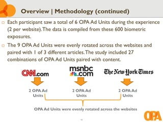 18
Overview | Methodology (continued)
 Each participant saw a total of 6 OPA Ad Units during the experience
(2 per website).The data is compiled from these 600 biometric
exposures.
 The 9 OPA Ad Units were evenly rotated across the websites and
paired with 1 of 3 different articles.The study included 27
combinations of OPA Ad Units paired with content.
2 OPA Ad
Units
2 OPA Ad
Units
2 OPA Ad
Units
OPA Ad Units were evenly rotated across the websites
 