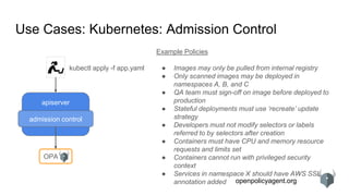openpolicyagent.org
Use Cases: Kubernetes: Admission Control
Example Policies
● Images may only be pulled from internal registry
● Only scanned images may be deployed in
namespaces A, B, and C
● QA team must sign-off on image before deployed to
production
● Stateful deployments must use ‘recreate’ update
strategy
● Developers must not modify selectors or labels
referred to by selectors after creation
● Containers must have CPU and memory resource
requests and limits set
● Containers cannot run with privileged security
context
● Services in namespace X should have AWS SSL
annotation added
apiserver
admission control
kubectl apply -f app.yaml
OPA
 