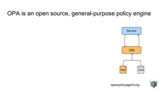 openpolicyagent.org
OPA is an open source, general-purpose policy engine
 