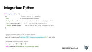 openpolicyagent.org
Integration: Python
def check_request(request):
body = { # prepare body for OPA query by...
"input": { # supplying input data containing...
"auth_user": request.token.username, # authenticated username/identity (e.g., bob)
"path": request.path.split("/"), # HTTP URL path (e.g., /widgets/12345)
"method": request.method, # HTTP method (e.g., POST, GET, DELETE, etc.)
}
}
# query authorization policy in OPA for ‘allow’ decision
response = requests.post(“http://opa:8181/v1/data/acmecorp/api/authz/allow”, data=body)
# check OPA response for ‘allow’ decision
if not response.json()[“result”][“allow”]:
raise Exception(“request rejected by administrative policy”)
 
