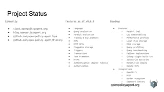 openpolicyagent.org
Project Status
Features as of v0.6.0
● Language
● Query evaluation
● Partial evaluation
● Tracing & Explanations
● REPL
● HTTP APIs
● Pluggable storage
● Triggers
● Transactions
● Test Framework
● HTTPS
● Authentication (Bearer Tokens)
● Authorization
Roadmap
● Features
○ Partial Eval
○ CEL compatibility
○ Performance profiles
○ Local disk storage
○ Etcd storage
○ Query profiling
○ Query benchmarking
○ Failure explanations
○ Golang plugin built-ins
○ JavaScript built-ins
○ Remediation engine
○ Remote REPL
● Integrations
○ OpenShift
○ DCOS
○ Docker ecosystem
○ Standard library
Community
● slack.openpolicyagent.org
● blog.openpolicyagent.org
● github.com/open-policy-agent/opa
● github.com/open-policy-agent/library
 