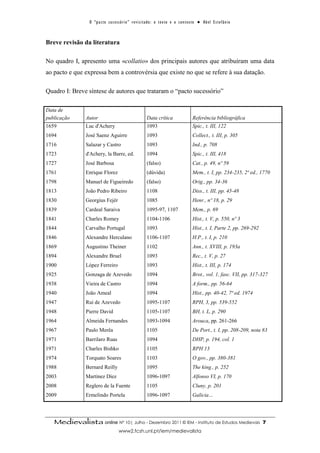 O “ p a c t o s u c es s ó r i o ” r ev i s i t a d o : o t ex t o e o c o n t ex t o ● A b el E s t ef â n i o



Breve revisão da literatura

No quadro I, apresento uma «collatio» dos principais autores que atribuíram uma data
ao pacto e que expressa bem a controvérsia que existe no que se refere à sua datação.

Quadro I: Breve síntese de autores que trataram o “pacto sucessório”

Data de
publicação      Autor                                         Data crítica                        Referência bibliográfica
1659            Luc d'Achery                                  1093                                Spic., t. III, 122
1694            José Saenz Aguirre                            1093                                Collect., t. III, p. 305
1716            Salazar y Castro                              1093                                Ind., p. 708
1723            d'Achery, la Barre, ed.                       1094                                Spic., t. III, 418
1727            José Barbosa                                  (falso)                             Cat., p. 49, nº 59
1761            Enrique Florez                                (dúvida)                            Mem., t. I, pp. 234-235, 2ª ed., 1770
1798            Manuel de Figueiredo                          (falso)                             Orig., pp. 34-36
1813            João Pedro Ribeiro                            1108                                Diss., t. III, pp. 45-48
1830            Georgius Fejér                                1085                                Henr., nº 18, p. 29
1839            Cardeal Saraiva                               1095-97, 1107                       Mem., p. 69
1841            Charles Romey                                 1104-1106                           Hist., t. V, p. 550, nº 3
1844            Carvalho Portugal                             1093                                Hist., t. I, Parte 2, pp. 269-292
1846            Alexandre Herculano                           1106-1107                           H.P., t. I, p. 210
1869            Augustino Theiner                             1102                                Ann., t. XVIII, p. 193a
1894            Alexandre Bruel                               1093                                Rec., t. V, p. 27
1900            López Ferreiro                                1093                                Hist., t. III, p. 174
1925            Gonzaga de Azevedo                            1094                                Brot., vol. 1, fasc. VII, pp. 317-327
1938            Vieira de Castro                              1094                                A form., pp. 56-64
1940            João Ameal                                    1094                                Hist., pp. 40-42, 7ª ed. 1974
1947            Rui de Azevedo                                1095-1107                           RPH, 3, pp. 539-552
1948            Pierre David                                  1105-1107                           BH, t. L, p. 290
1964            Almeida Fernandes                             1093-1094                           Arouca, pp. 261-266
1967            Paulo Merêa                                   1105                                De Port., t. I, pp. 208-209, nota 83
1971            Barrilaro Ruas                                1094                                DHP, p. 194, col. 1
1971            Charles Bishko                                1105                                RPH 13
1974            Torquato Soares                               1103                                O gov., pp. 380-381
1988            Bernard Reilly                                1095                                The king., p. 252
2003            Martínez Díez                                 1096-1097                           Alfonso VI, p. 170
2008            Reglero de la Fuente                          1105                                Cluny, p. 201
2009            Ermelindo Portela                             1096-1097                           Galicia…




   Medievalista online Nº 10| Julho - Dezembro 2011 © IEM - Instituto de Estudos Medievais                                            7
                                        www2.fcsh.unl.pt/iem/medievalista
 